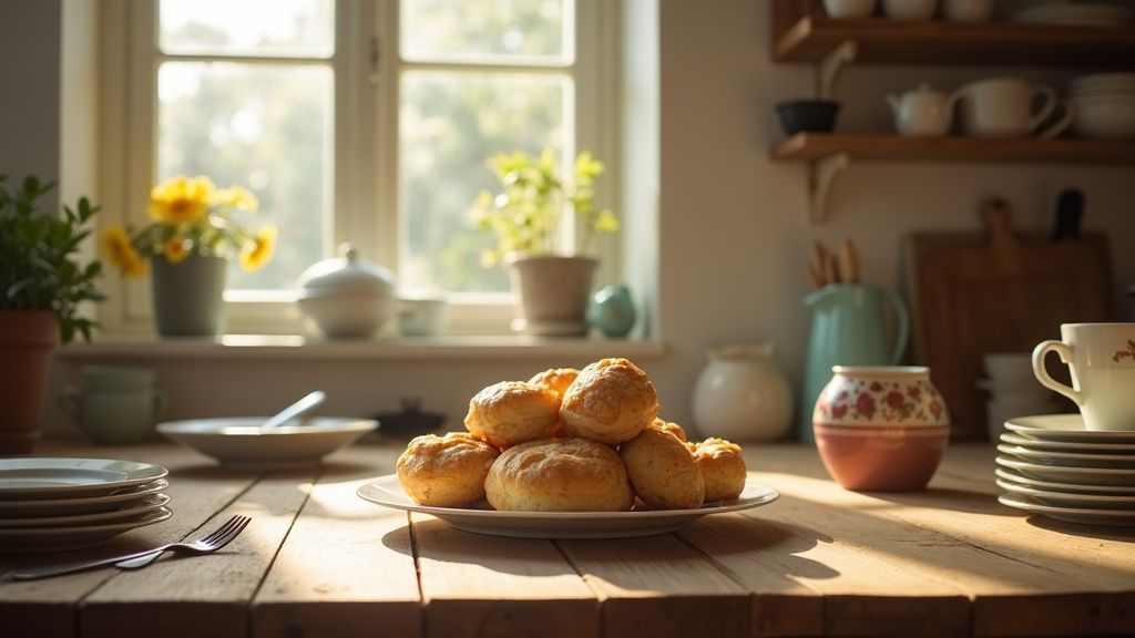 A bright, rustic kitchen scene with natural window light illuminating a simple plate of fresh pastries, surrounded by vintage plates and utensils. No people in sight.